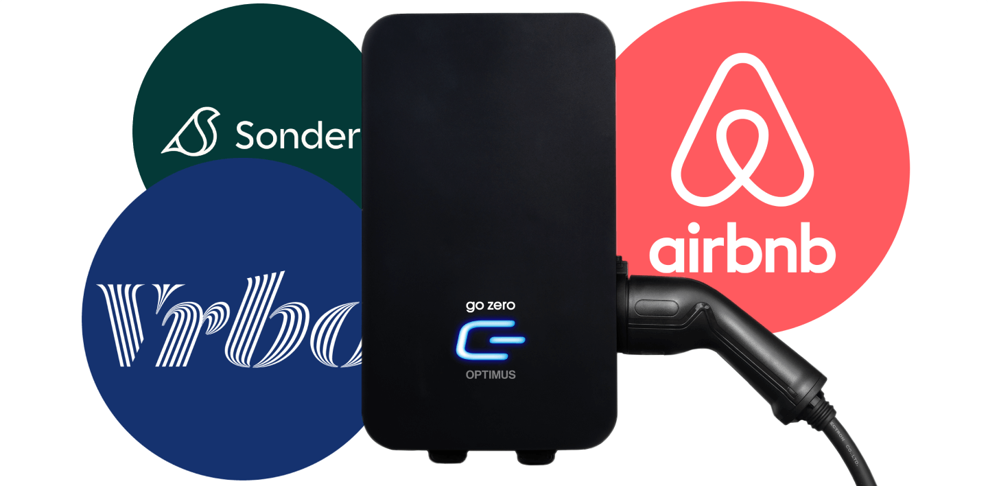 Optimus EV Car Charger with Airbnb Vrbo and Sonder Holiday Home Logos